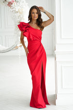 Bicotone Maxi Feathered One-Shoulder Flowing Dress