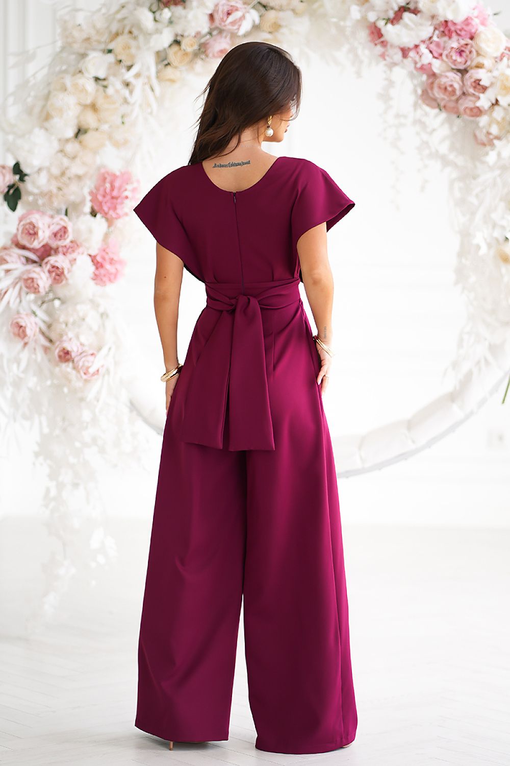 Bicotone Wide-Leg Flared Sleeve Belted Jumpsuit