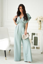 Bicotone Wide-Leg Flared Sleeve Belted Jumpsuit green 2