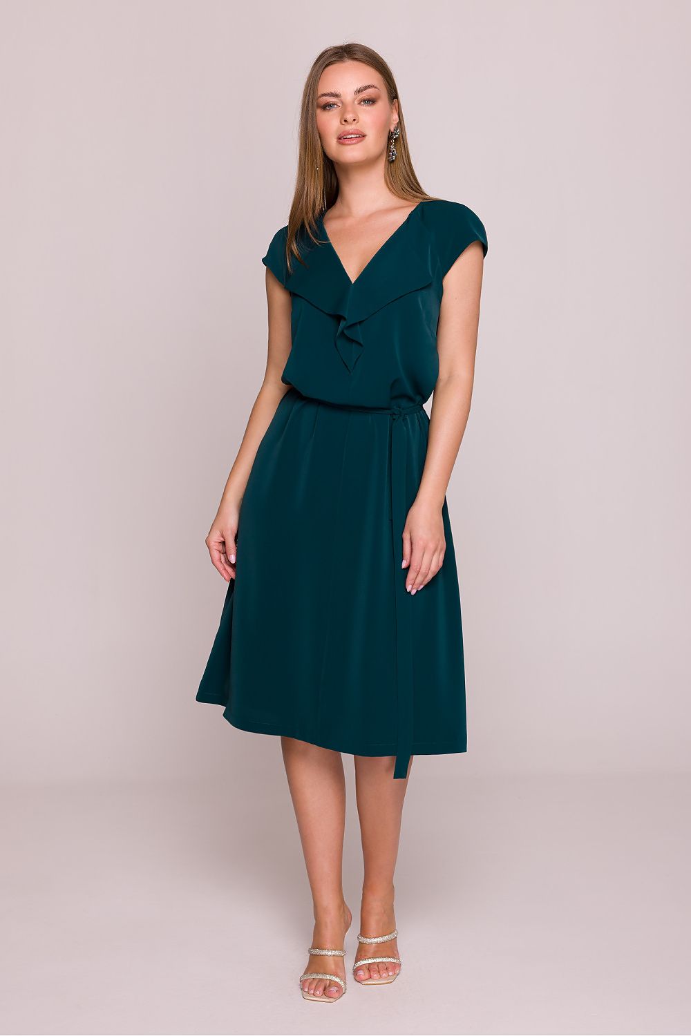 Stylove Cocktail Dress V-Neck Ruffled A-Line Midi - Shimmering Polish Elegance green