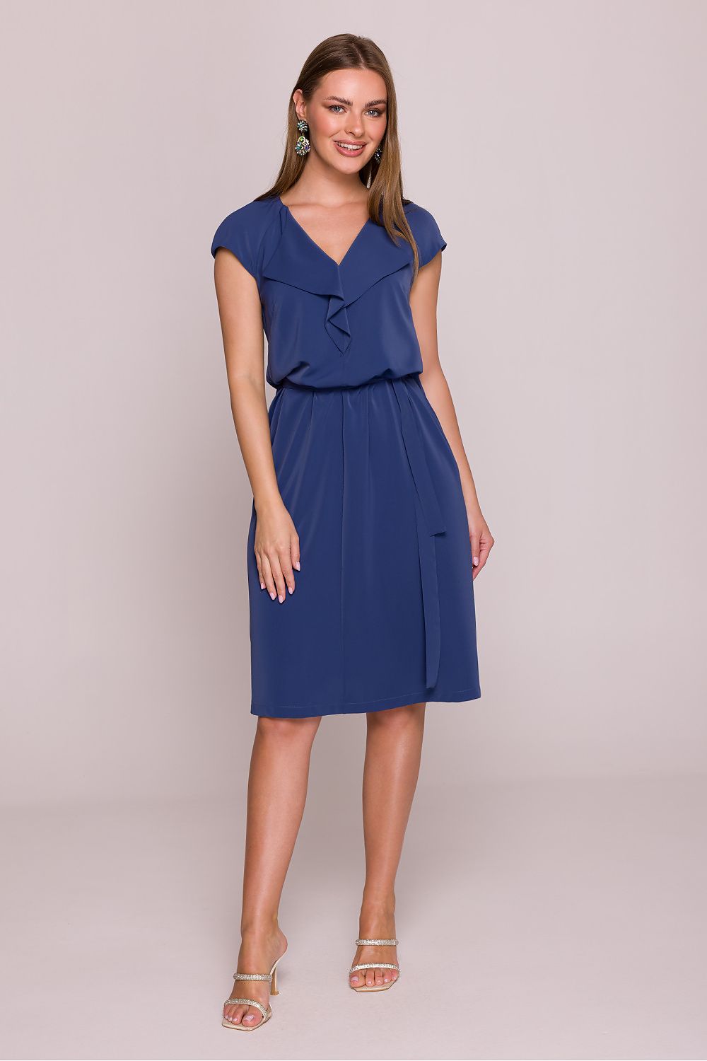 Stylove Cocktail Dress V-Neck Ruffled A-Line Midi - Shimmering Polish Elegance blue