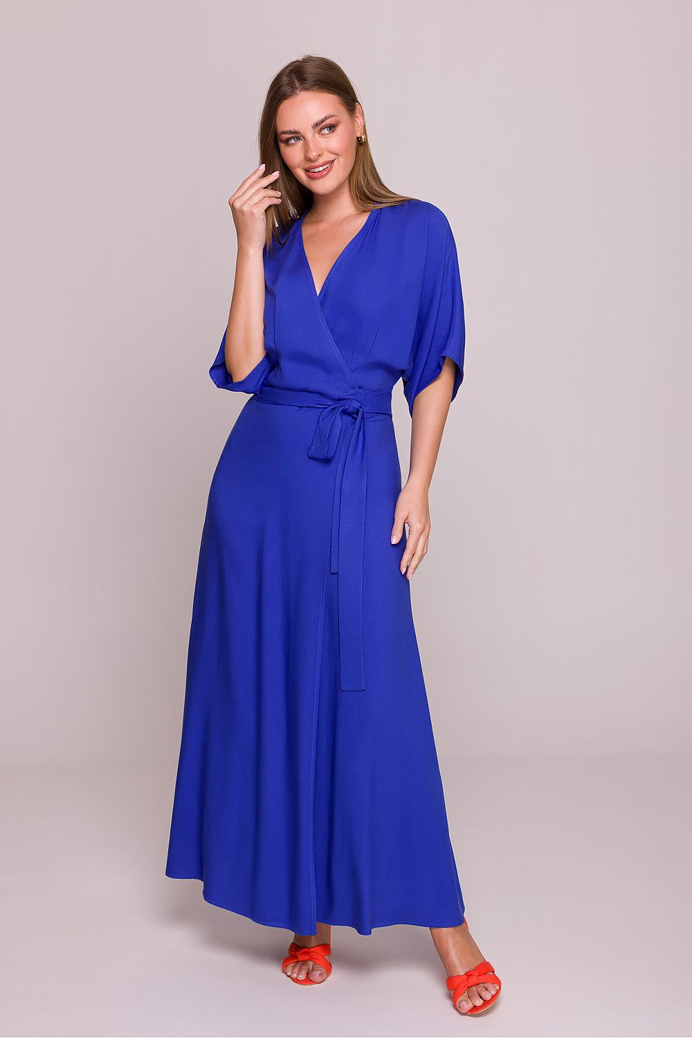 Stylove Viscose Satin V-Neck Flared Day Dress - Sensual Summer Radiance blue