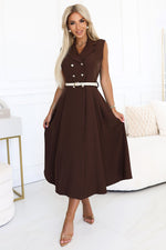 Numoco Midi Flared Sleeveless Dress with Belt brown one-size-fits-all