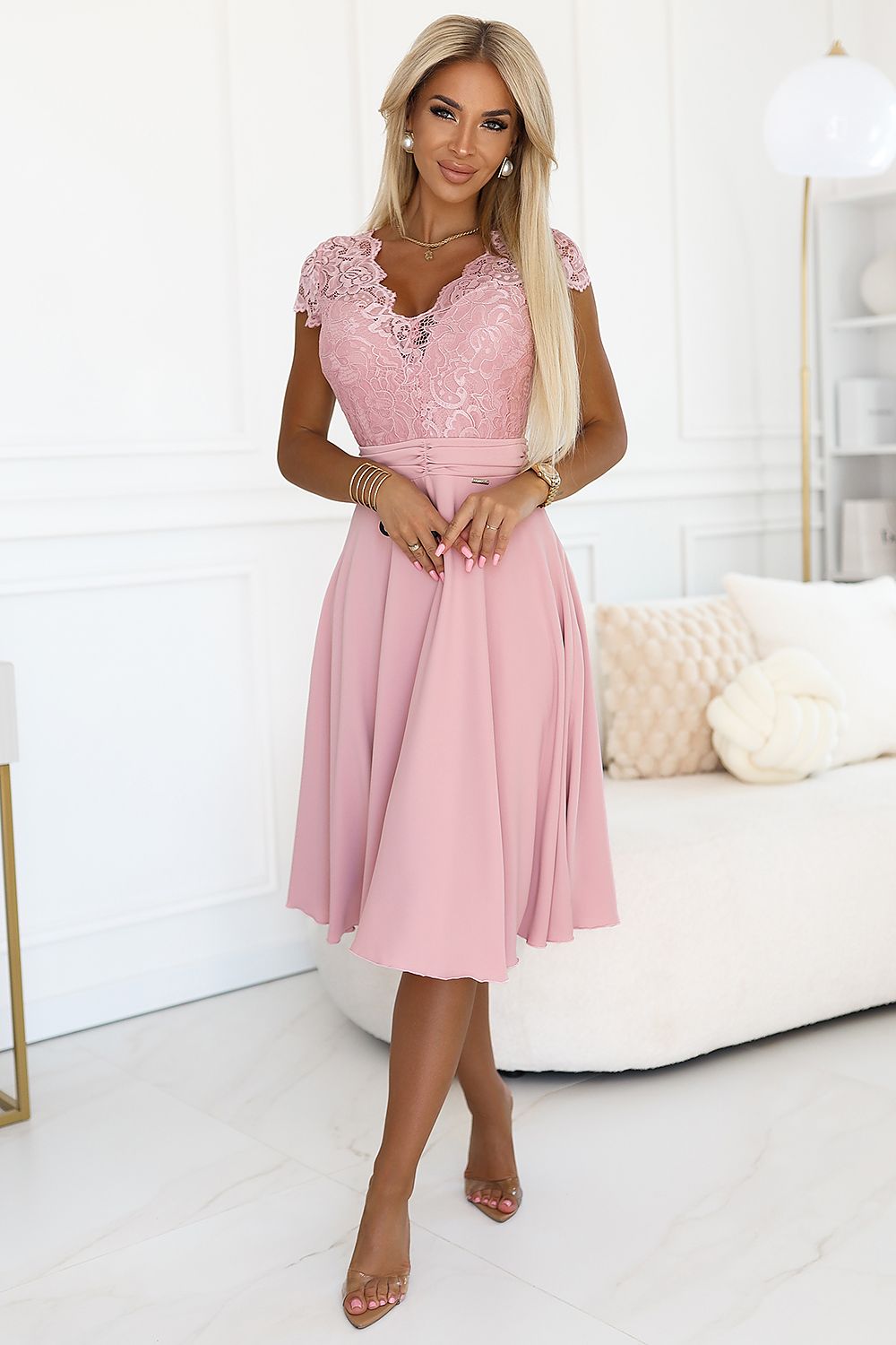 Numoco Chiffon Evening Dress with Lace Neckline