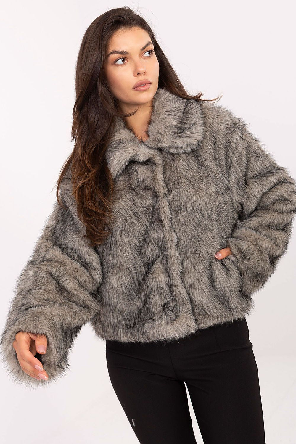 Rue Paris Fur Jacket with Wide Collar grey one-size-fits-all