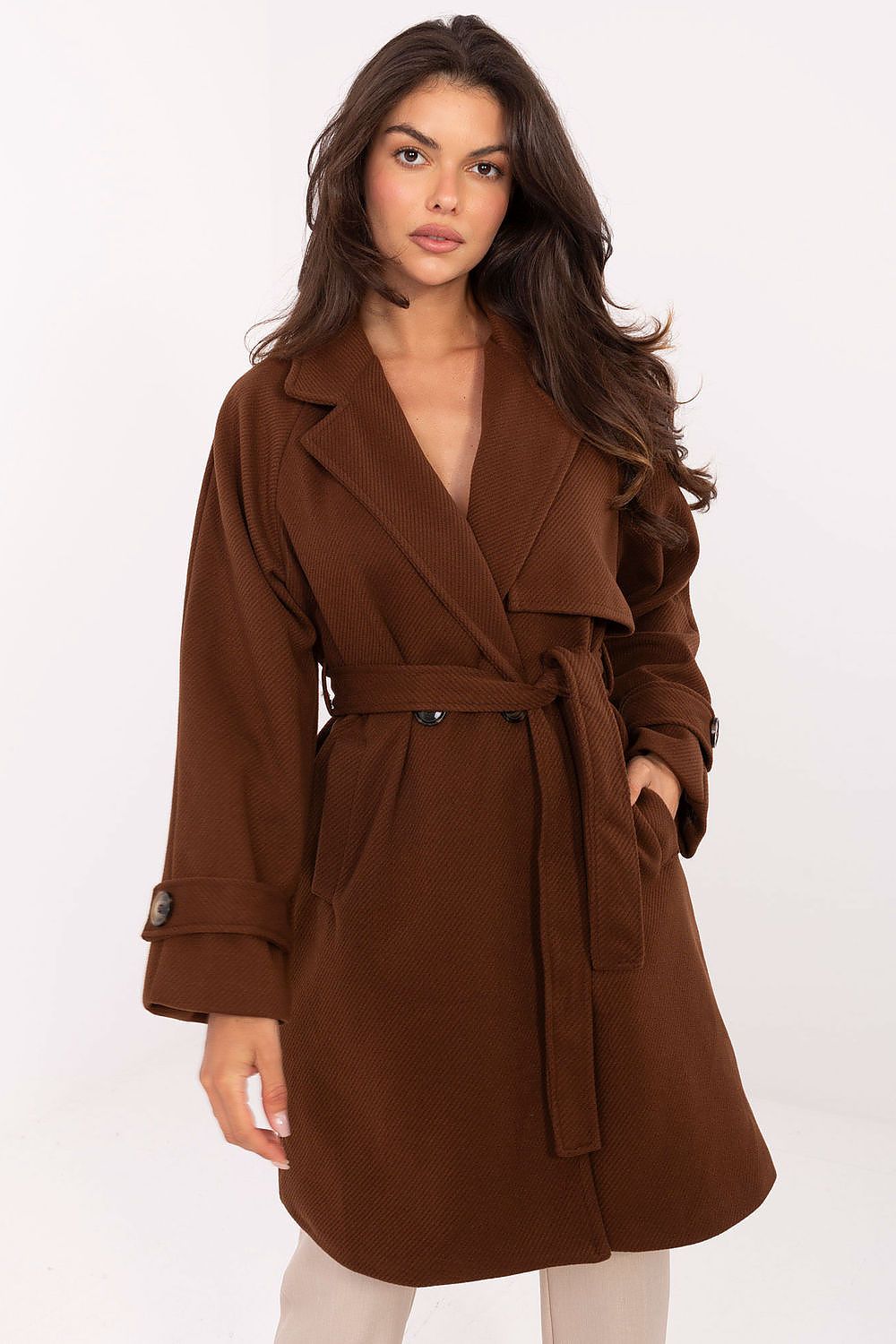 Rue Paris Knee-Length Belted Transitional Coat brown one-size-fits-all