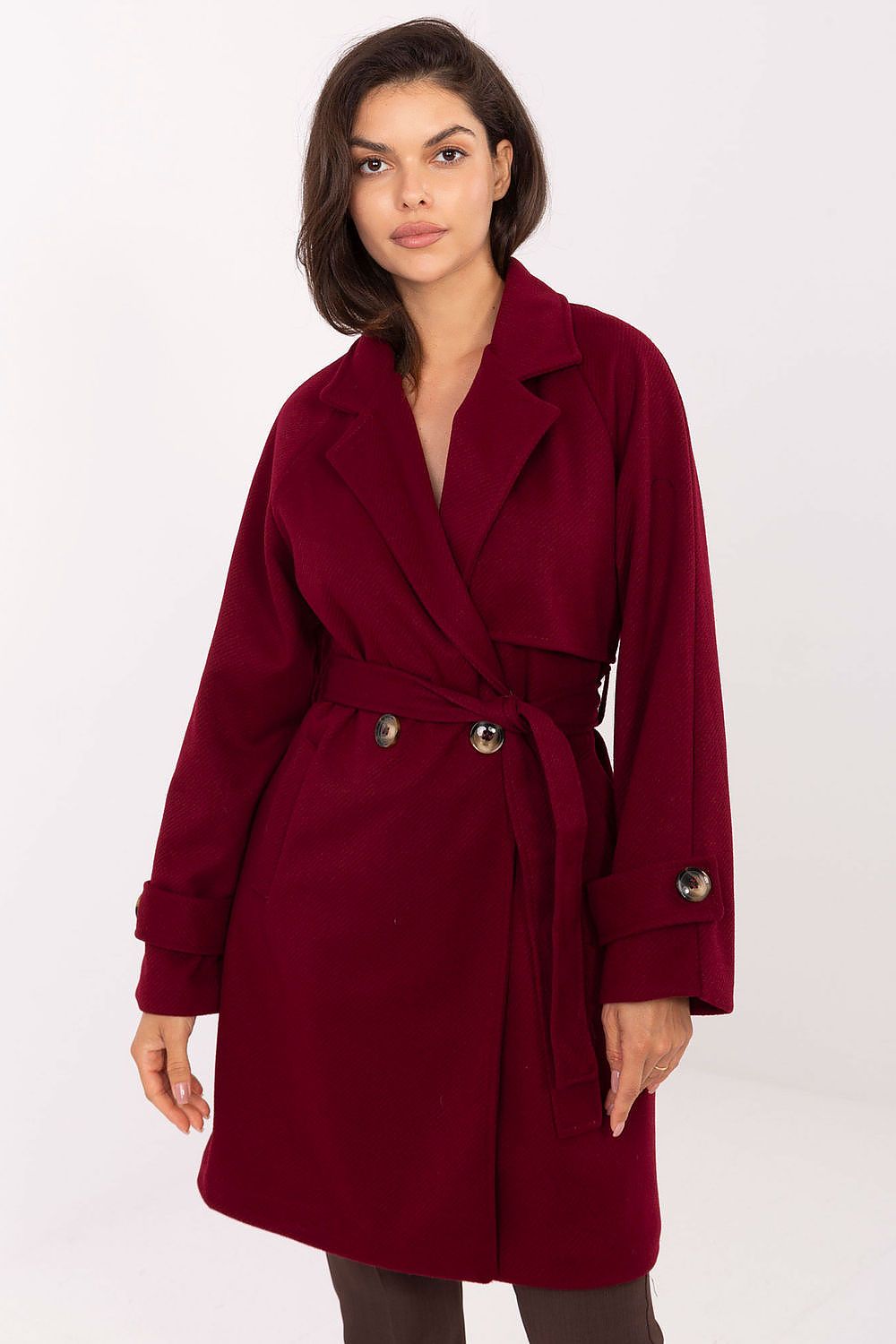 Rue Paris Knee-Length Belted Transitional Coat red one-size-fits-all