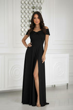 Bicotone Satin Twisted Bust Off-Shoulder Maxi Dress black