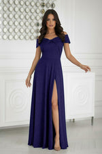 Bicotone Satin Twisted Bust Off-Shoulder Maxi Dress navy blue