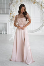 Bicotone Sequin Bolero Thin-Strap Rose Belt Maxi Dress beige