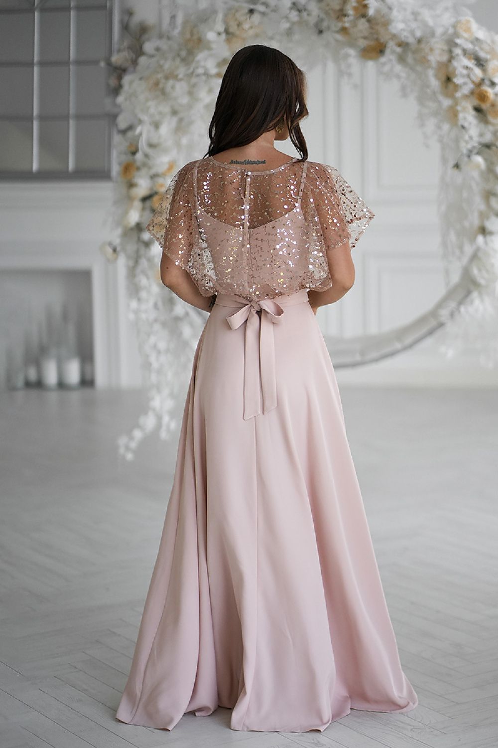 Bicotone Sequin Bolero Thin-Strap Rose Belt Maxi Dress