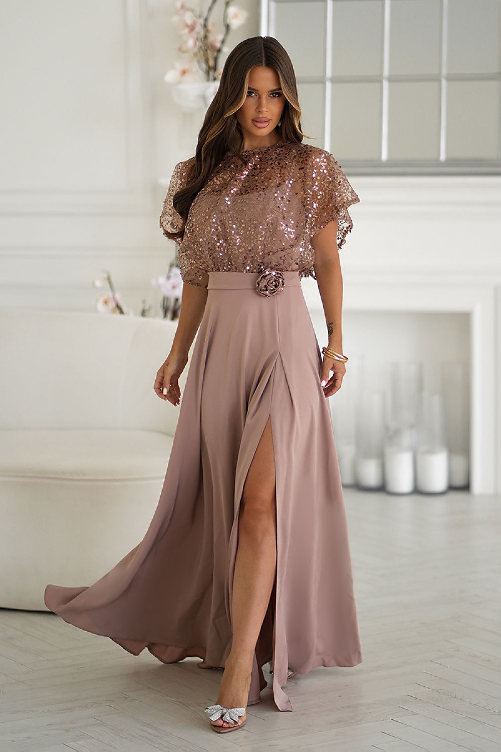 Bicotone Sequin Bolero Thin-Strap Rose Belt Maxi Dress