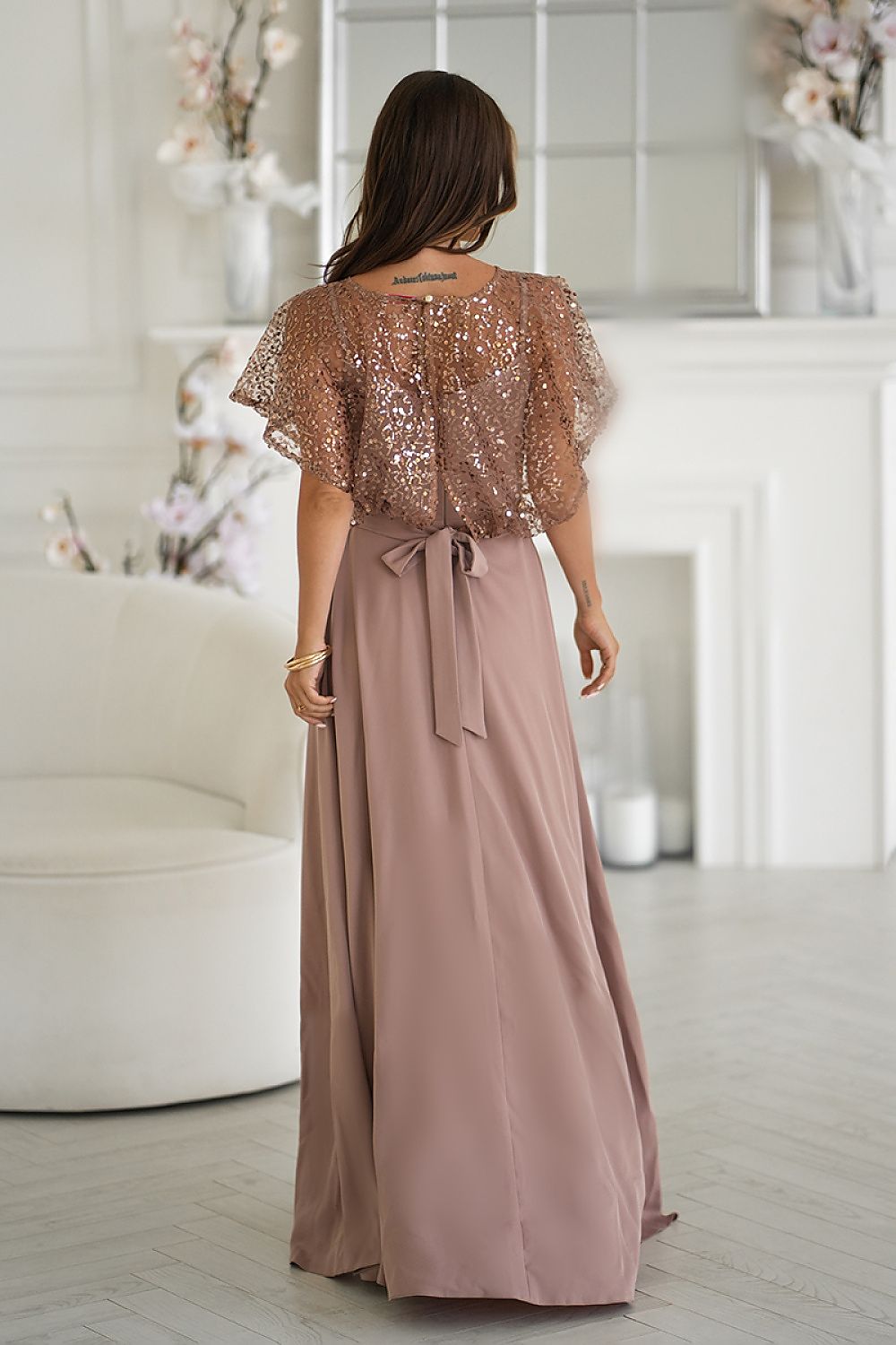 Bicotone Sequin Bolero Thin-Strap Rose Belt Maxi Dress