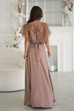 Bicotone Sequin Bolero Thin-Strap Rose Belt Maxi Dress