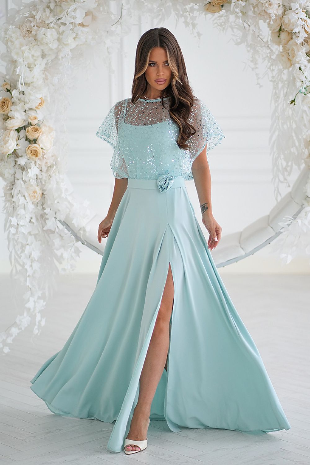 Bicotone Sequin Bolero Thin-Strap Rose Belt Maxi Dress