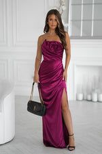 Bicotone Satin Strapless Rose High-Slit Maxi Dress red