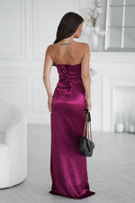 Bicotone Satin Strapless Rose High-Slit Maxi Dress