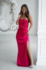 Bicotone Satin Strapless Rose High-Slit Maxi Dress red 2