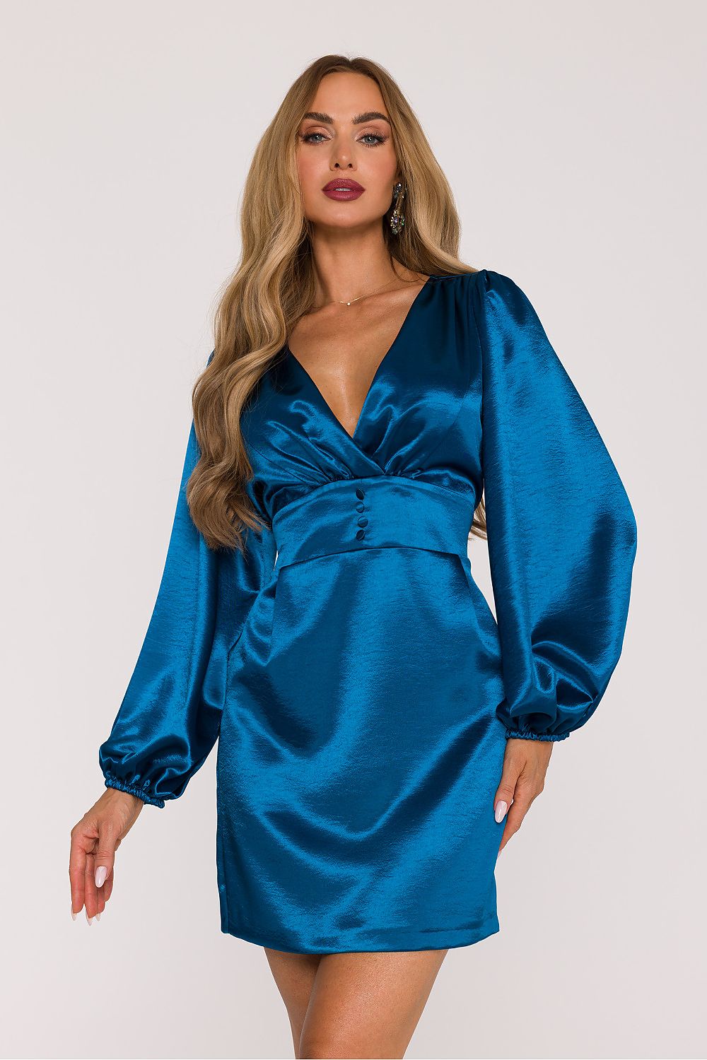 Moe Long Sleeve Fitted Satin Short Dress blue