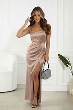 Bicotone Satin Square-Neck Corset-Back Slit Maxi Dress brown 2