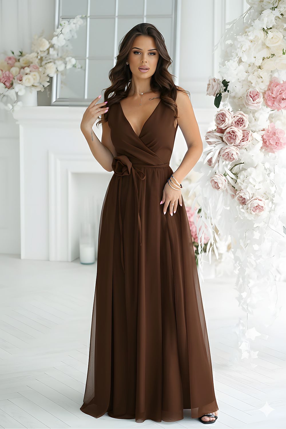 Bicotone Airy Slit Rose Belt Flowing Maxi Dress brown