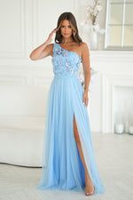 Bicotone Tulle Flowing High-Slit Layered Maxi Dress blue