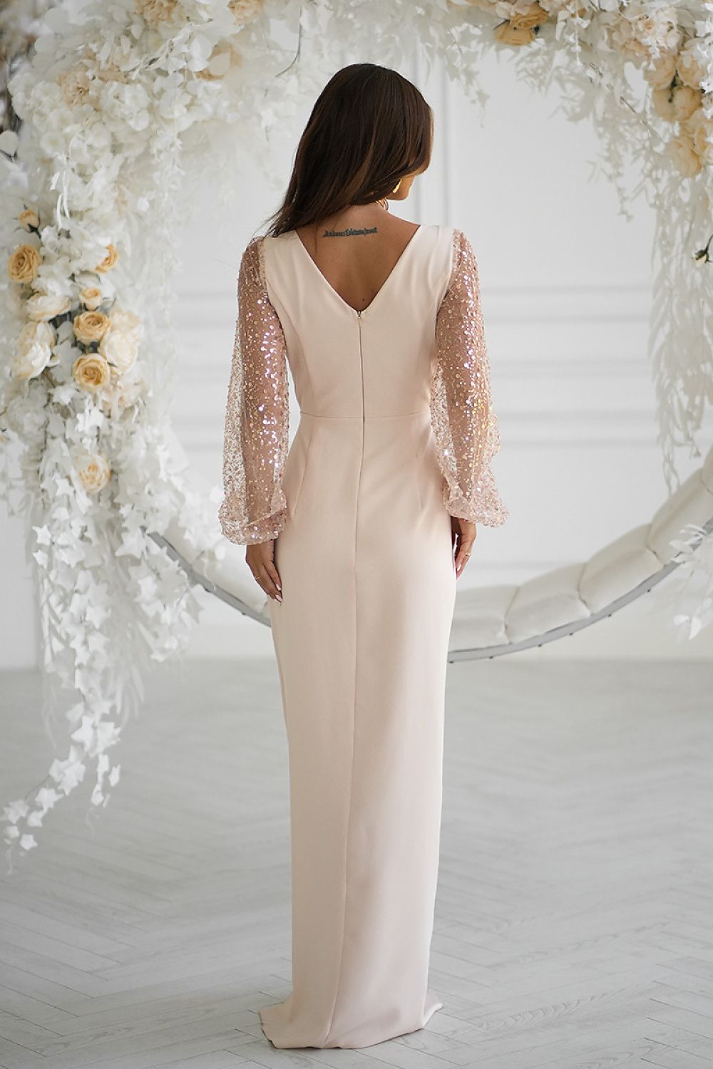 Bicotone Maxi Double-Sequin Heart-Neck Slit Dress