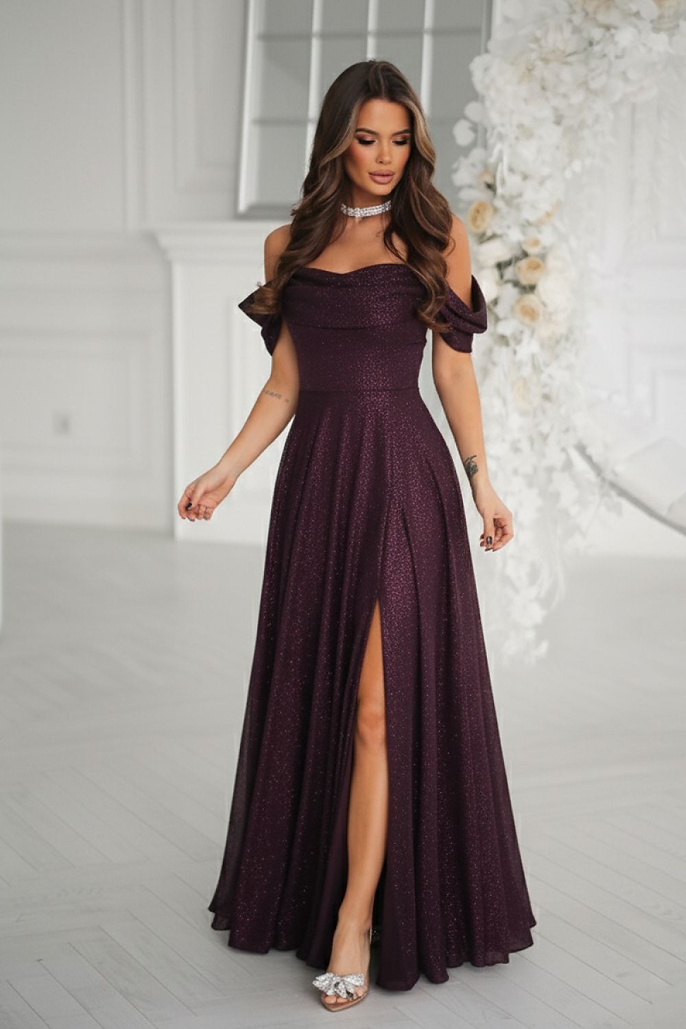 Bicotone Shiny Tulle Waist-Cinched Slit Maxi Dress violet 2