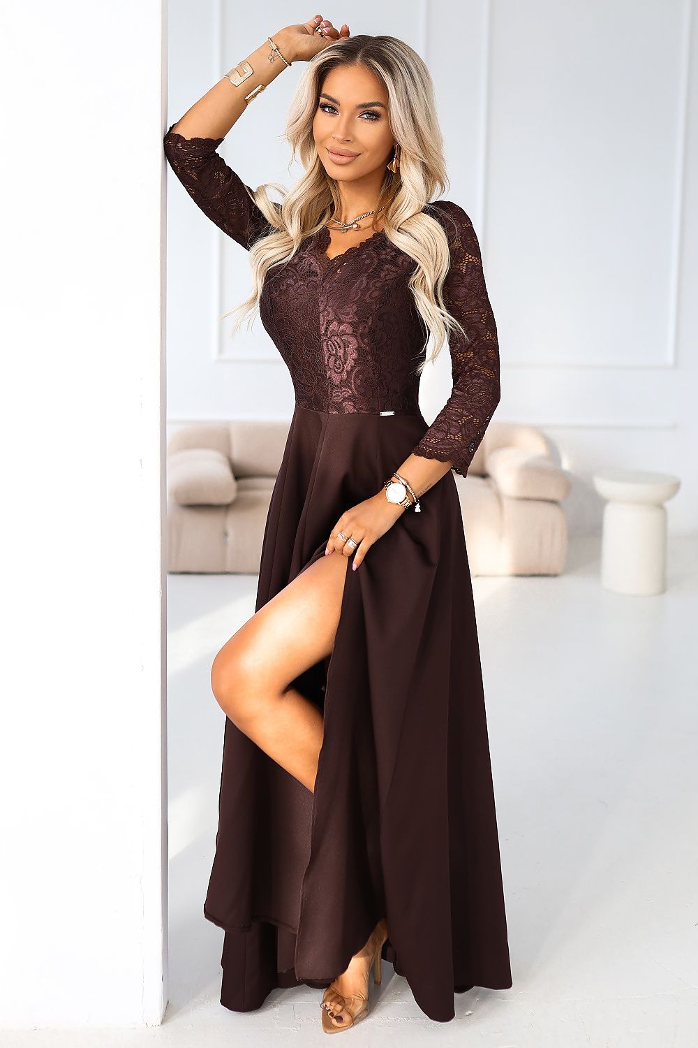 Numoco Amber Long Maxi Occasion Lace Top Dress | 10 Colours brown
