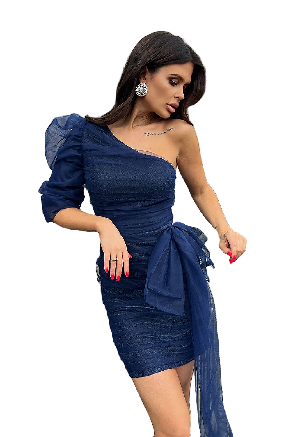 Bicotone Mini One-Shoulder Shimmer Bow Dress