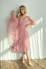 Bicotone Midi Mesh Sleeve Layered Evening Dress