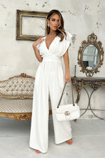 Bicotone Wide-Leg Flared Sleeve Belted Jumpsuit beige 2