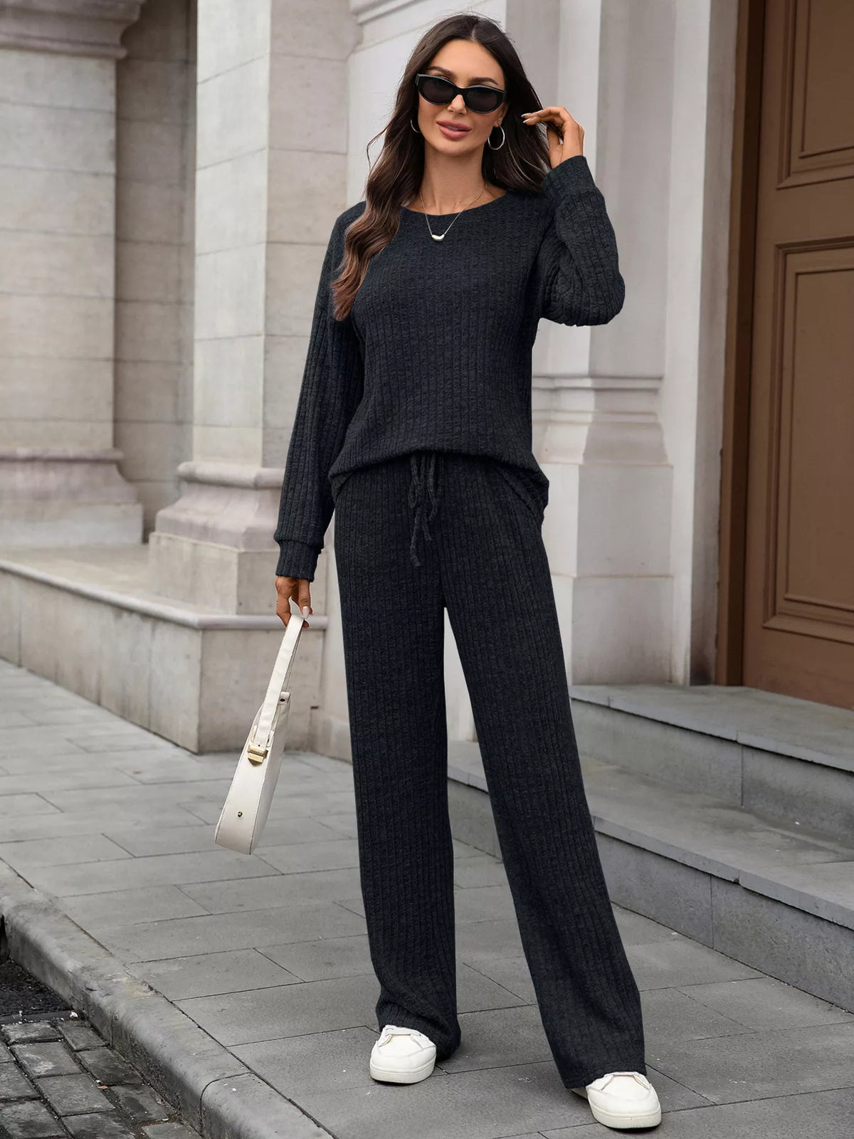 Ribbed Round Neck Top and Pants Two-piece Loungewear Set