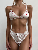 DEMURE White & Red Hearts 2 Piece Satin Lingerie Set