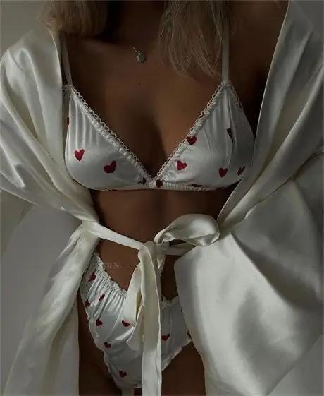 DEMURE White & Red Hearts 2 Piece Satin Lingerie Set