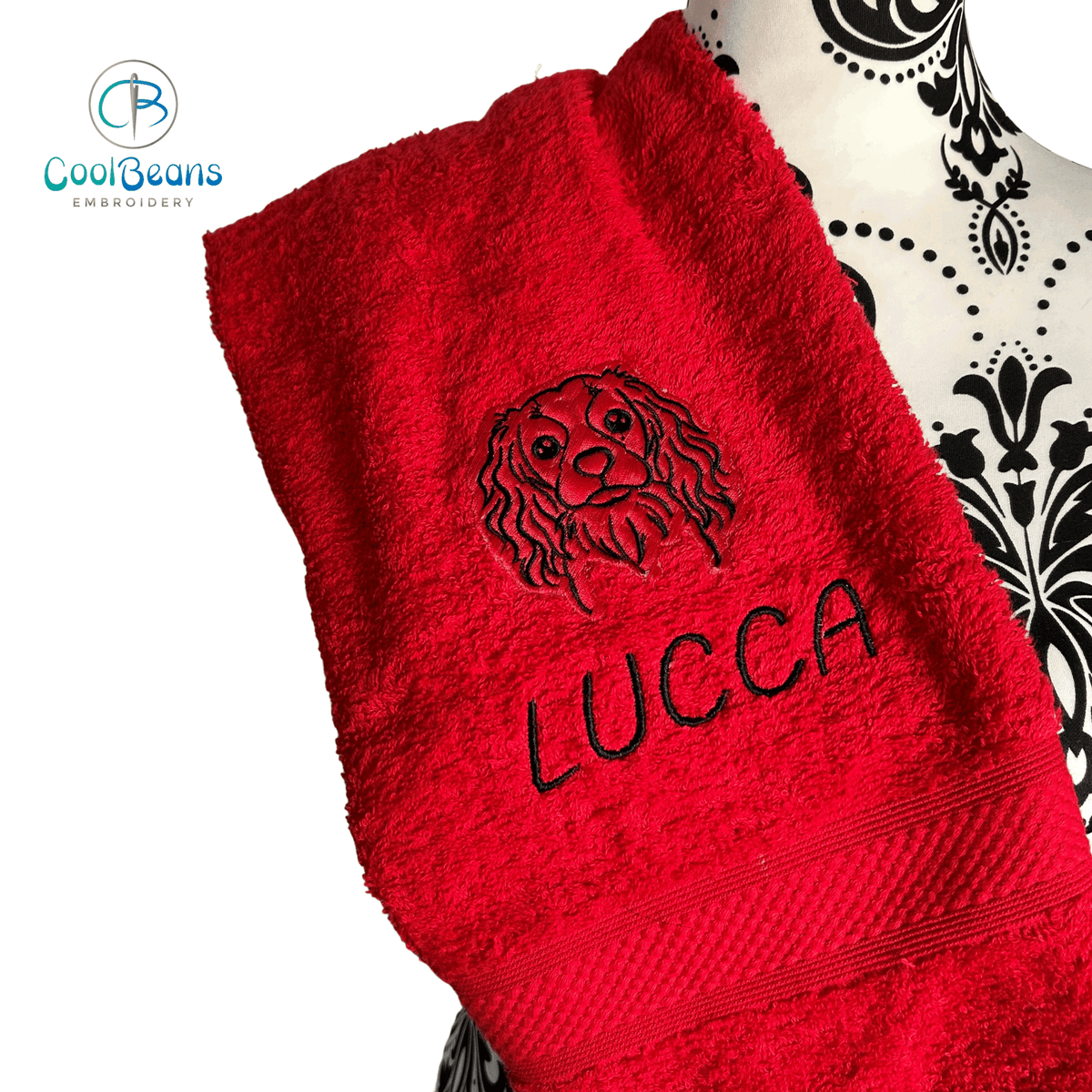 Dog Towels - Cavalier King Charles - Personalised RED IMAGE & TEXT