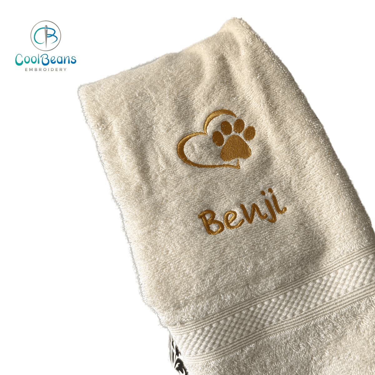 Dog Towels - Paw in Heart - Personalised CREAM