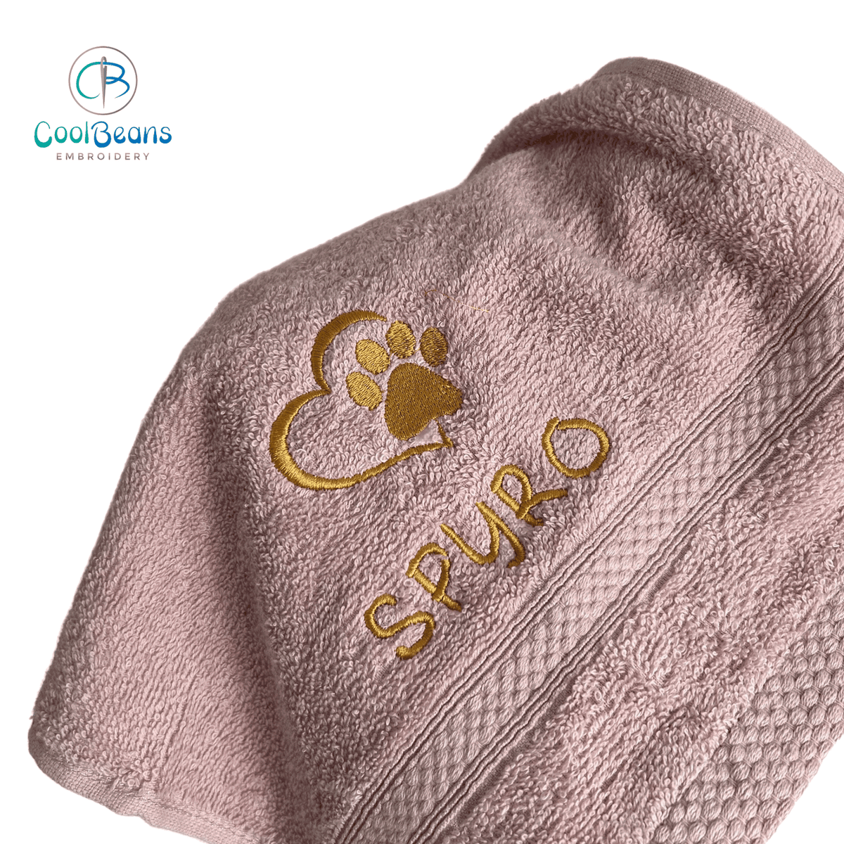 Dog Towels - Paw in Heart - Personalised DUSKY PINK 30cm x 30cm (FACE CLOTH)