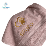 Dog Towels - Paw in Heart - Personalised DUSKY PINK 30cm x 30cm (FACE CLOTH)