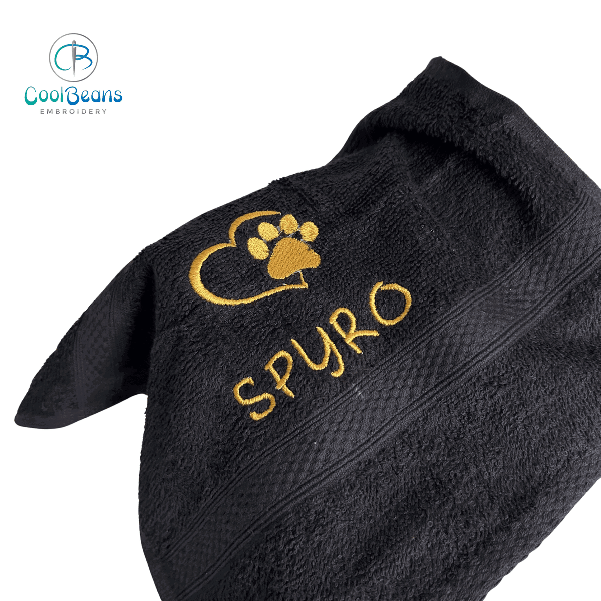 Dog Towels - Paw in Heart - Personalised BLACK 30cm x 30cm (FACE CLOTH)