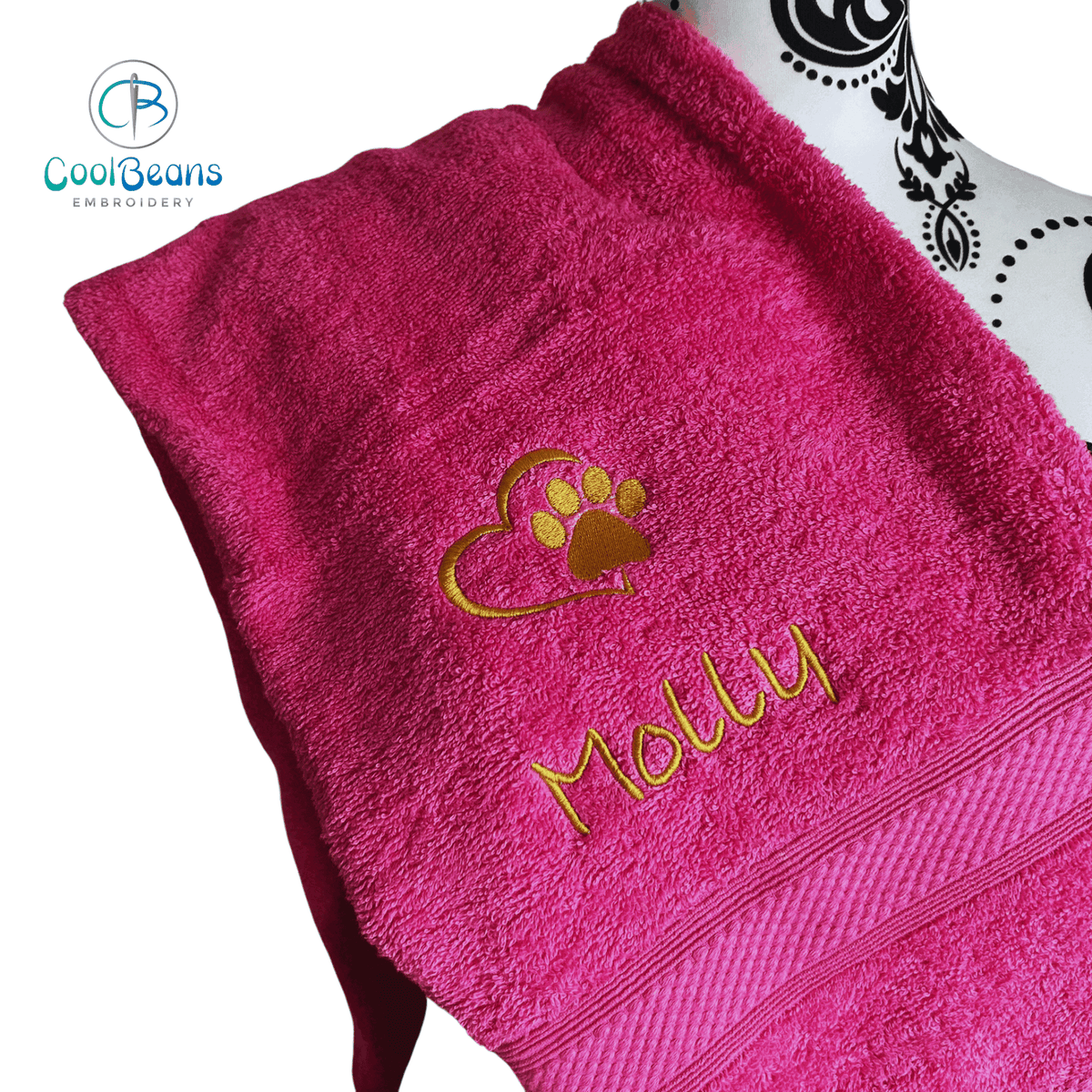 Dog Towels - Paw in Heart - Personalised HOT PINK