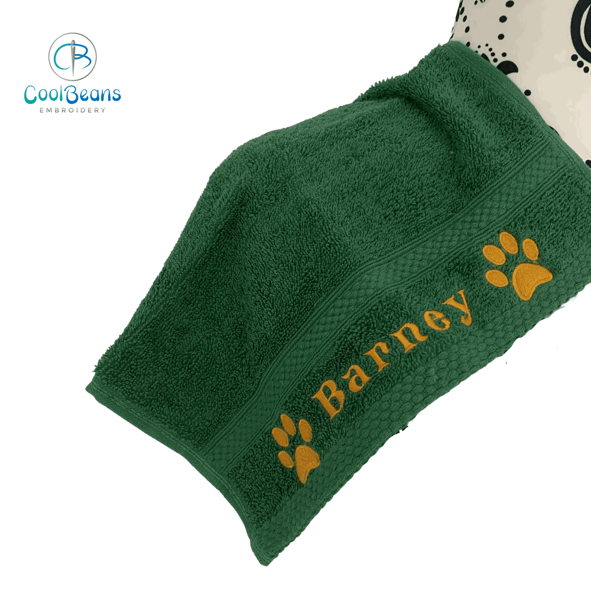 Dog Towels - Paws Side - Personalised - Font B BOTTLE GREEN 30cm x 30cm (FACE CLOTH)