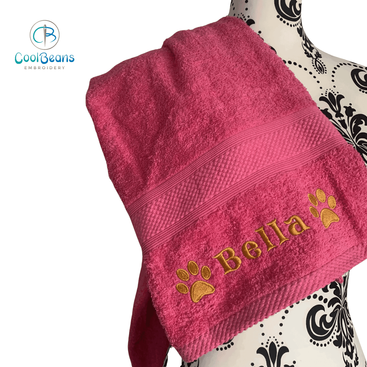 Dog Towels - Paws Side - Personalised - Font B HOT PINK