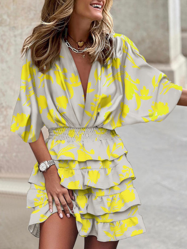 Dolman Sleeve V-neck Boho Print Irregular Ruffle Hem Dress