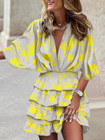 Dolman Sleeve V-neck Boho Print Irregular Ruffle Hem Dress Yellow