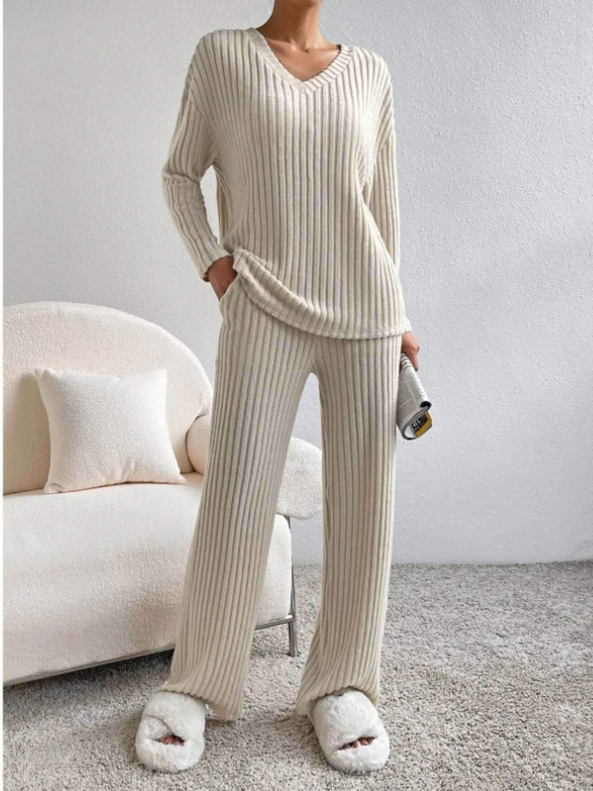 Ribbed Knit V-Neck Top and Pants Loungewear Set Tan