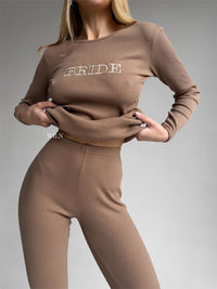 EASE Women’s Personalised Two Piece Ribbed Cotton Loungewear Set Brown