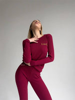 EASE Claret Red Personalised Two Piece Ribbed Cotton Ladies Loungewear Set