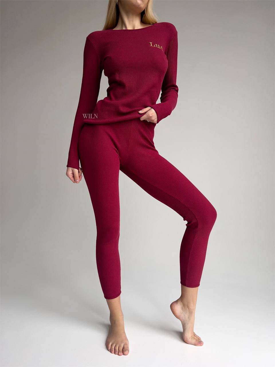 EASE Claret Red Personalised Two Piece Ribbed Cotton Ladies Loungewear Set