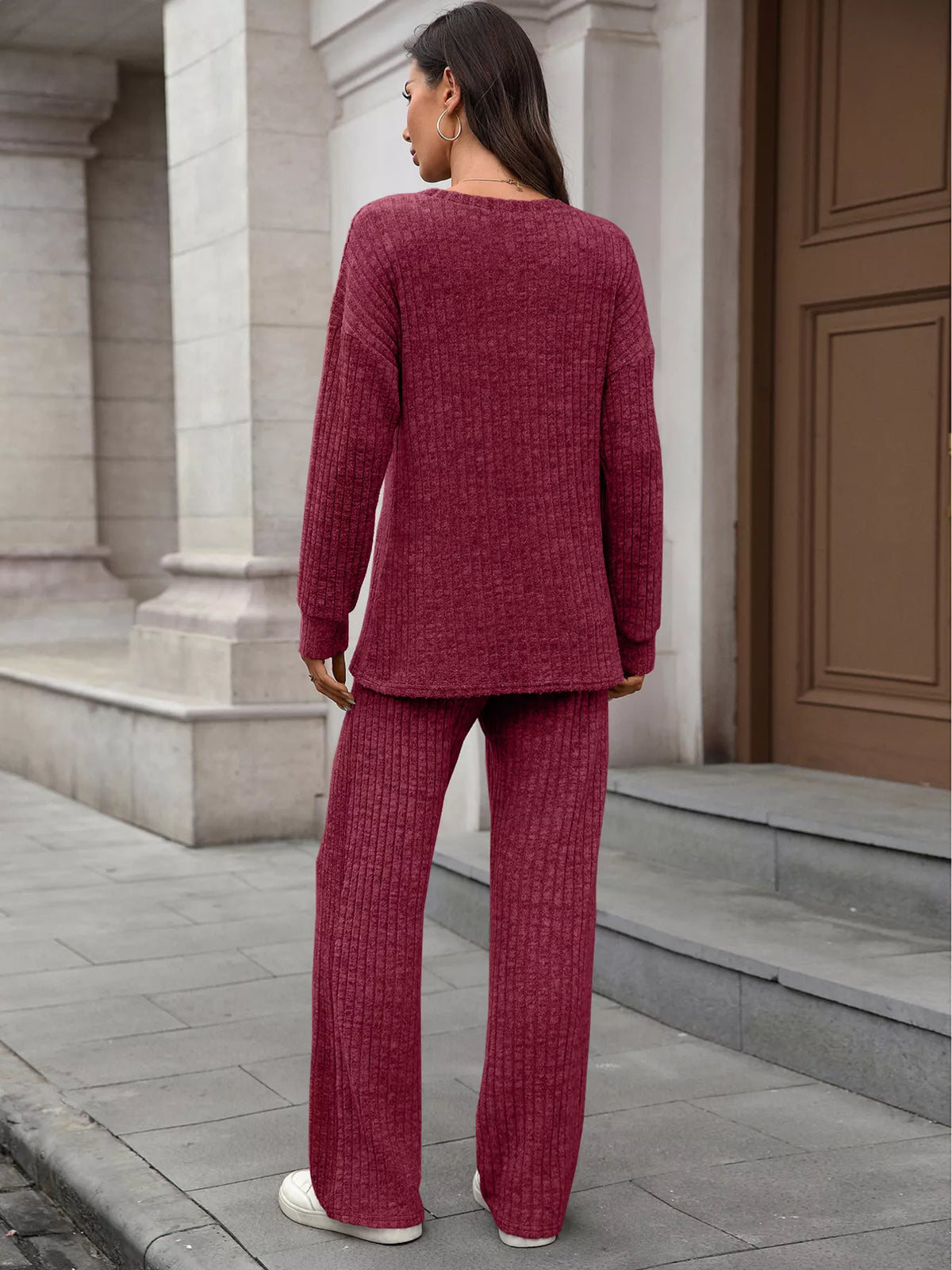 Ribbed Round Neck Top and Pants Two-piece Loungewear Set